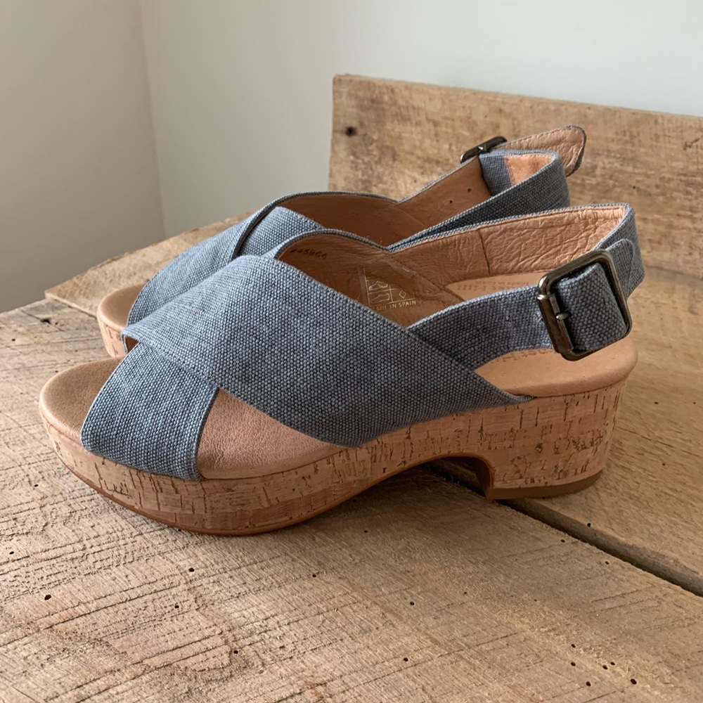 Garnet Hill Blue Cross-Strap Cork Wedge Sandals